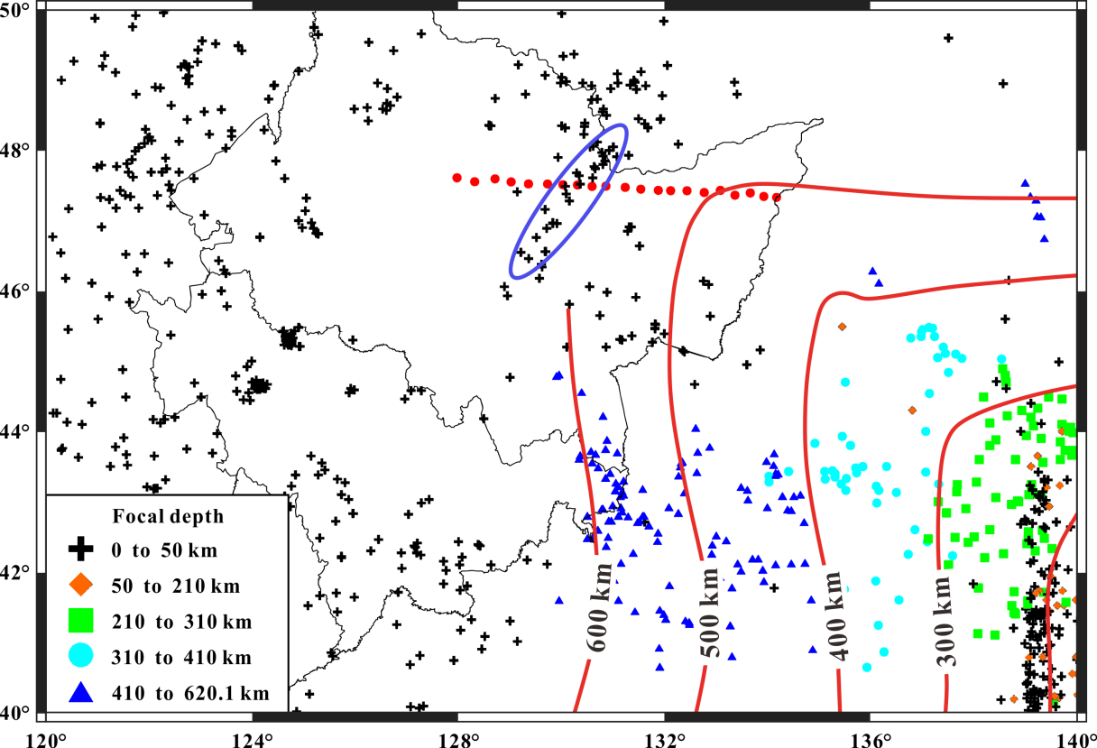 东北地区地震分布及俯冲板块深度